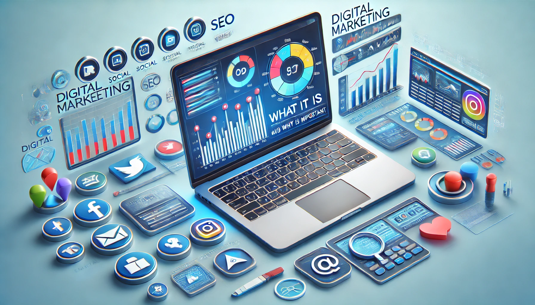 Dashboard di marketing digitale su un laptop con icone di social media, SEO, email marketing