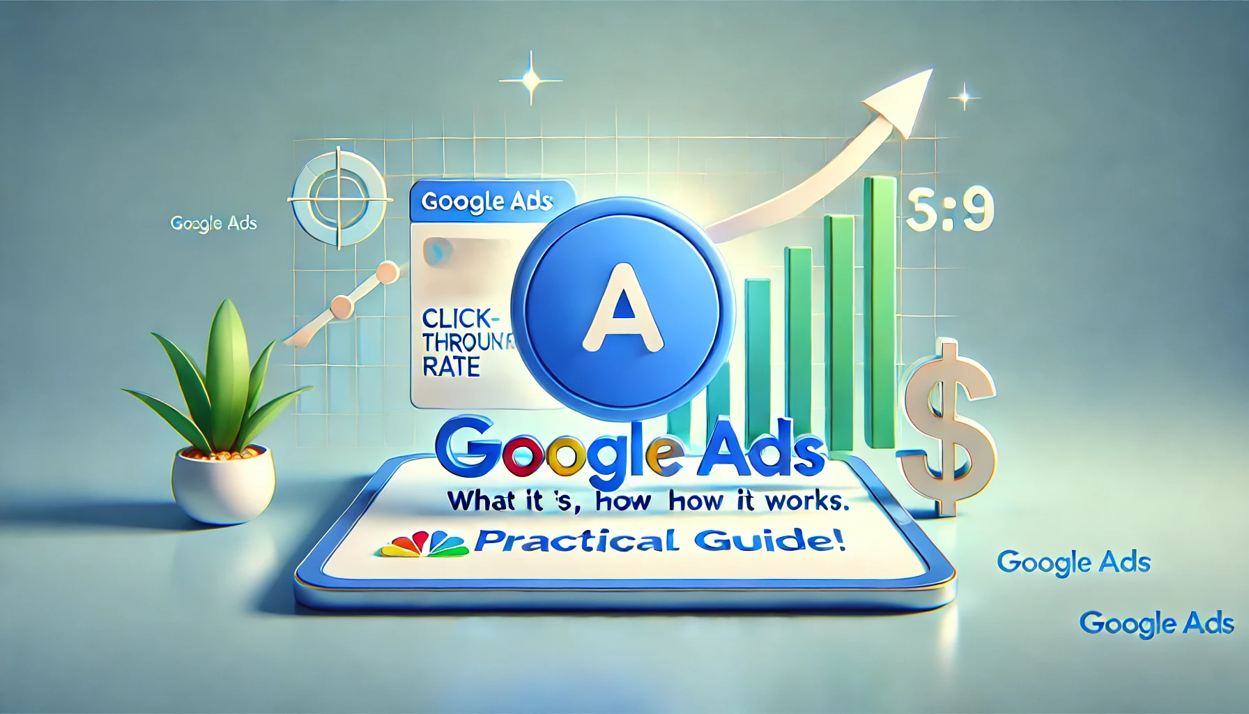 Logo di Google Ads con grafico in crescita, simbolo del tasso di click e simbolo del dollaro