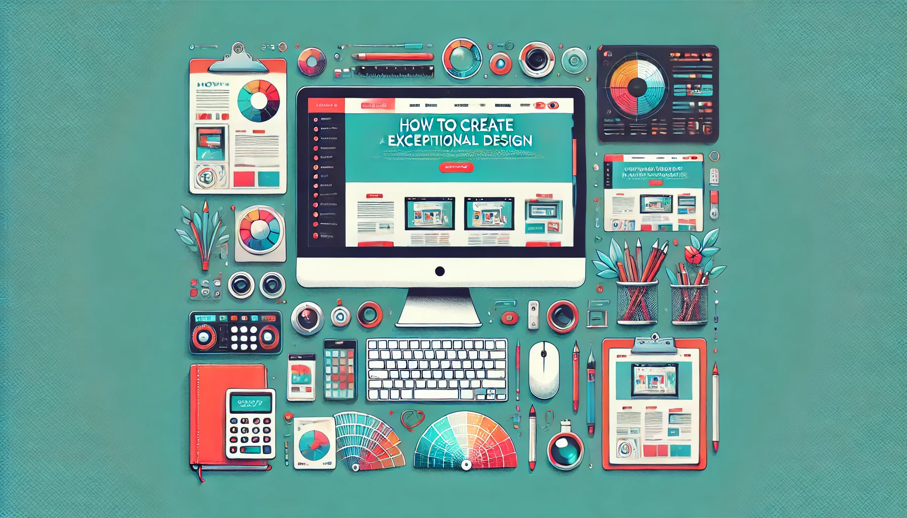 Workspace di un designer con uno schermo che mostra un sito web dal design accattivante