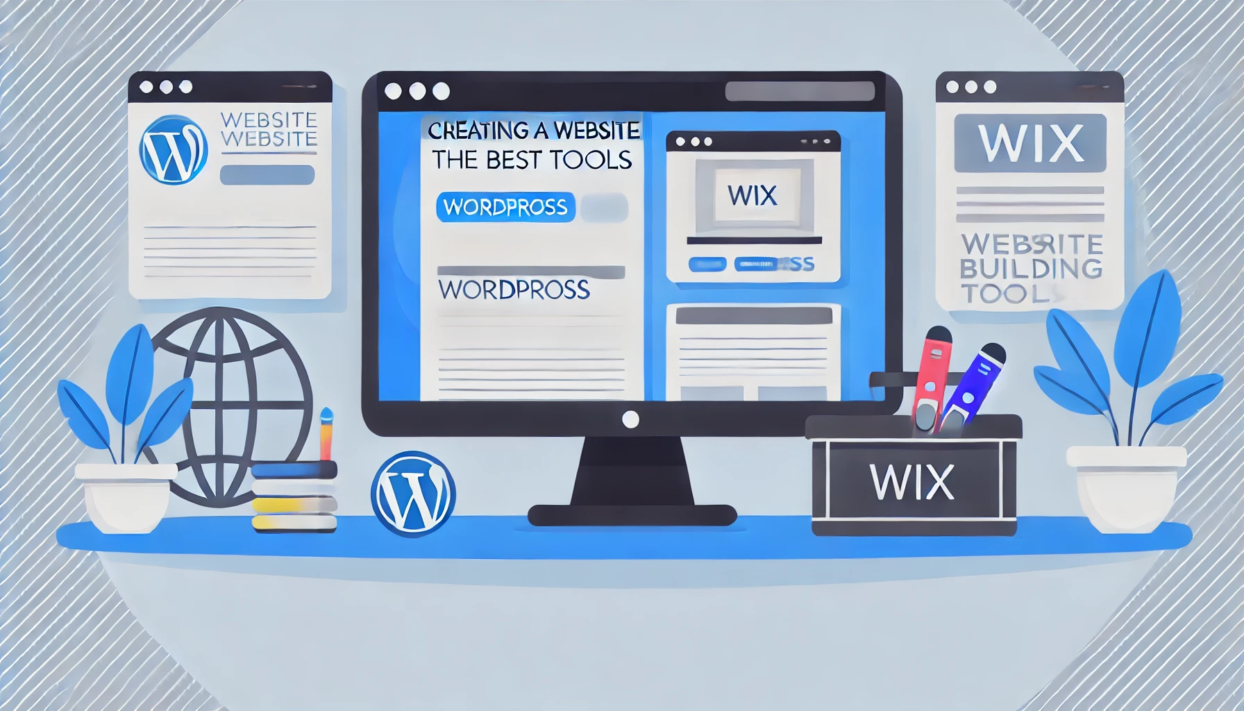 Schermo del computer con icone di strumenti di creazione di siti web come WordPress e Wix