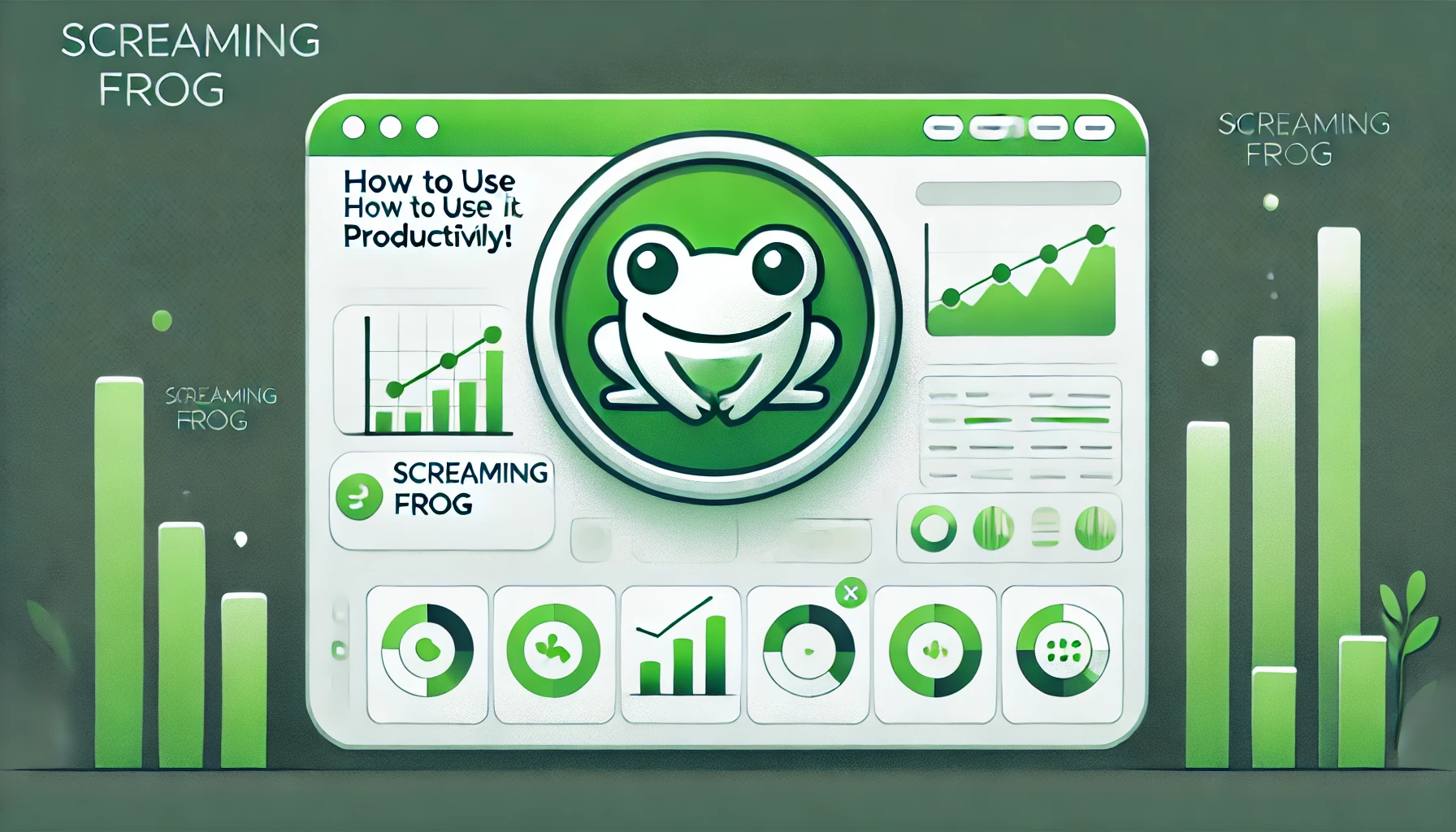 Logo di Screaming Frog con un'interfaccia di dashboard semplificata sullo sfondo