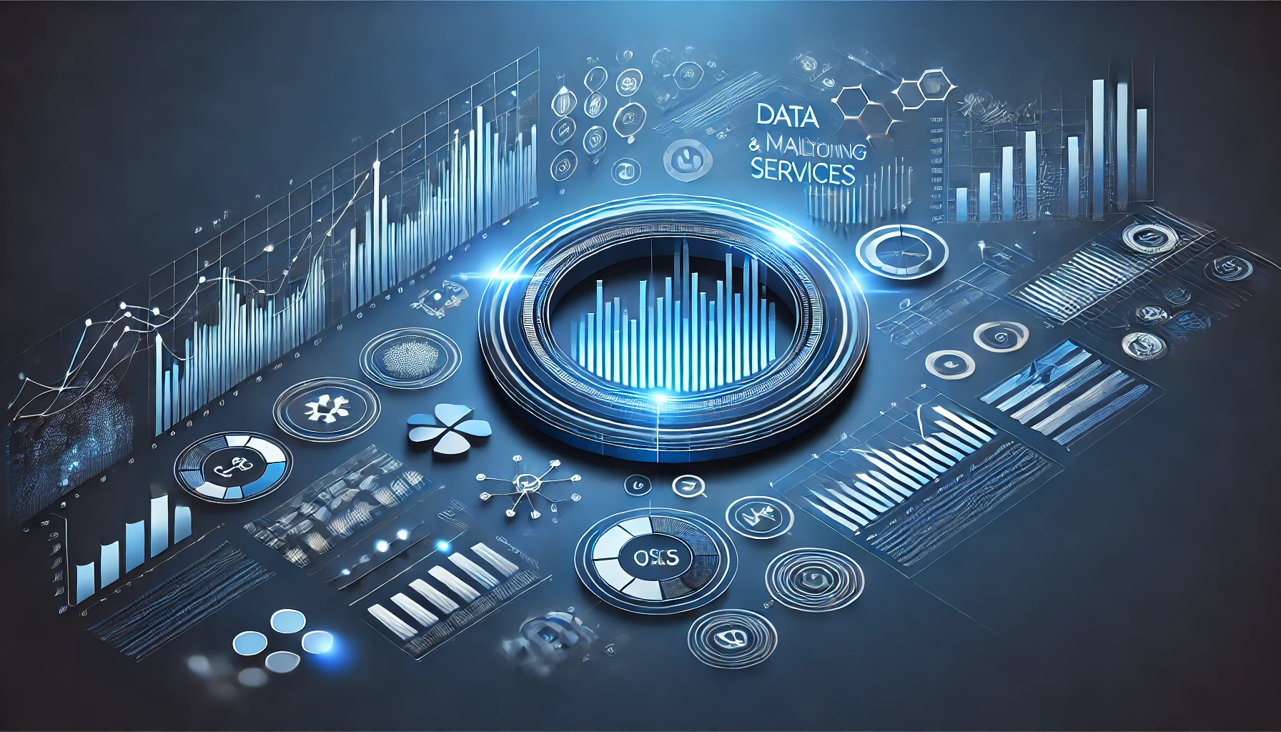 Immagine che rappresenta l'analisi e il monitoraggio dei dati, con grafici e icone analitiche, simbolo di raccolta e interpretazione dei dati.