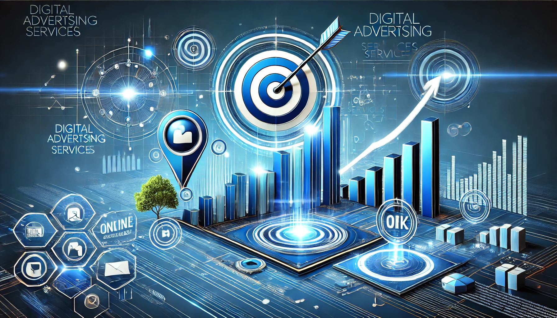 Immagine professionale che rappresenta il Digital Advertising con icone di targeting e grafici in crescita, simbolo di campagne mirate e crescita online.