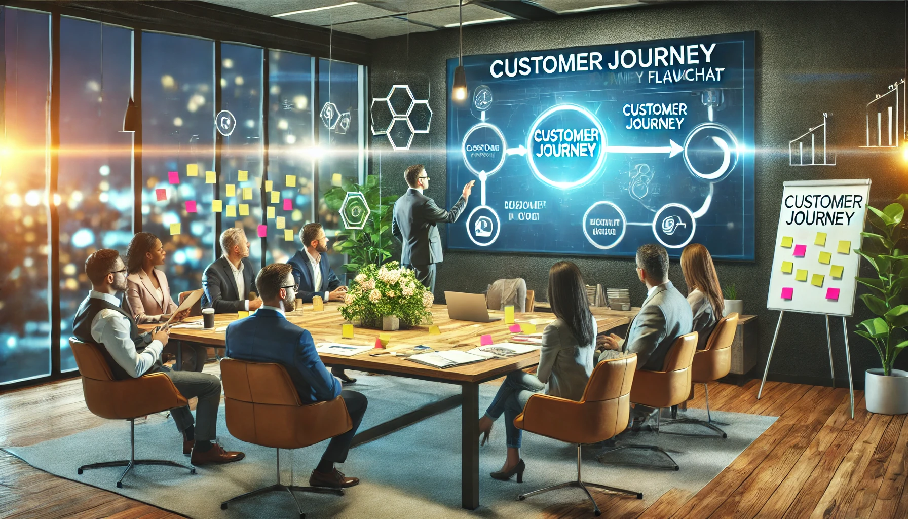 Un team in una sala riunioni che collabora davanti a uno schermo grande con un diagramma del customer journey, tra appunti e strumenti di lavoro.